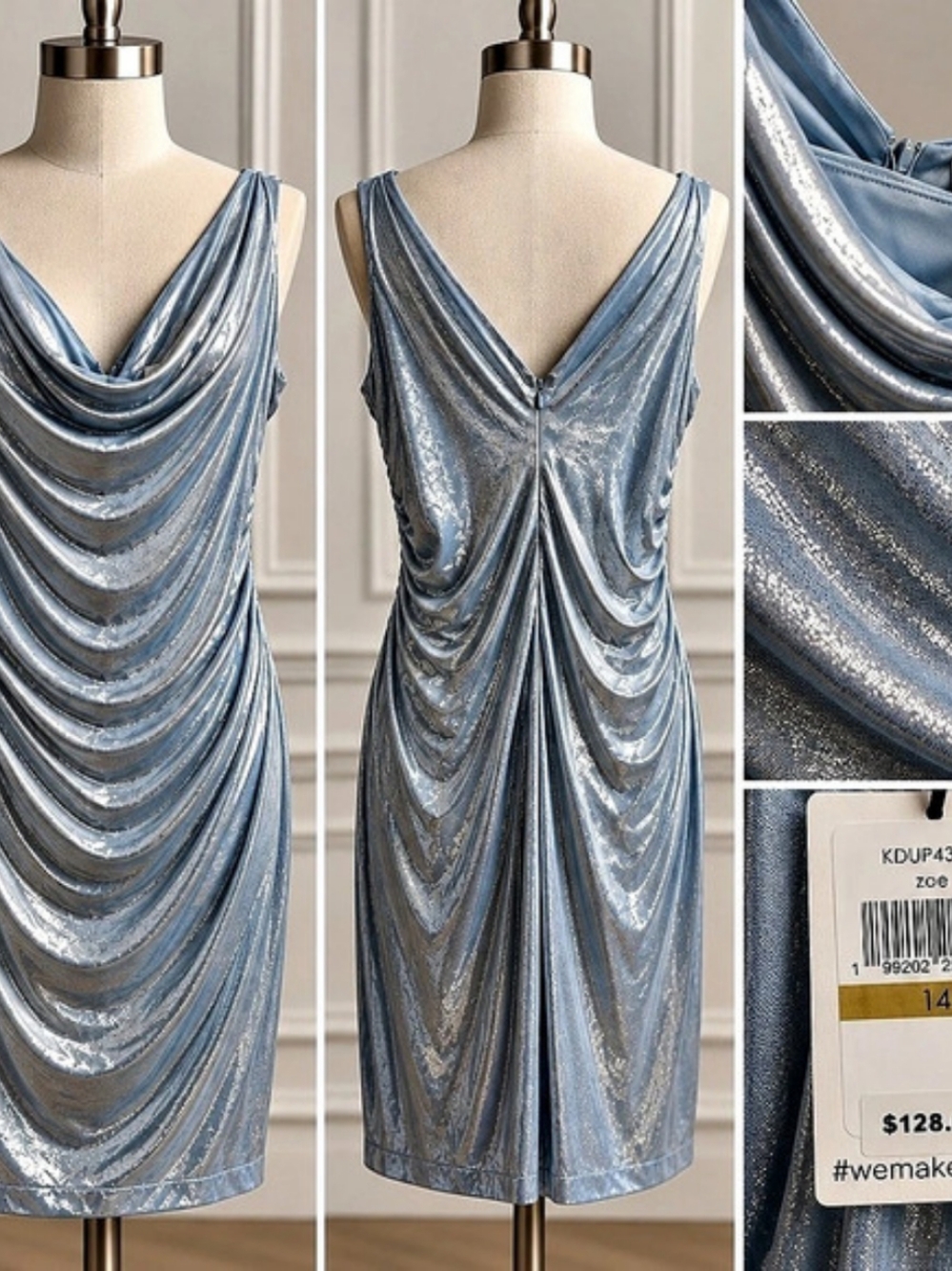 Kensie Foil Cowl Neck Ruched Dress Icey Blue Size 14 NWT
